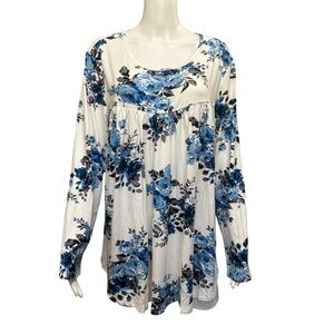 Tencede Floral Blue White Babydoll Top Size XL